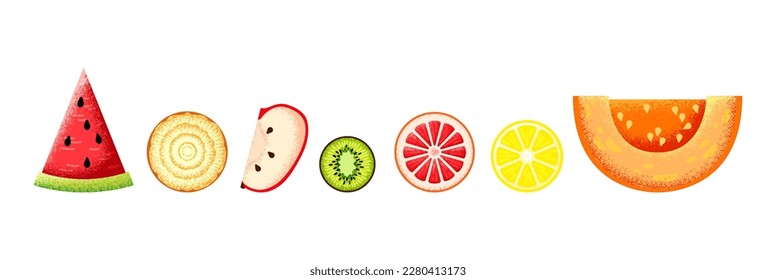 Fruits and vegetables slices, textured fruit. Fresh harvest food elements, vegetable pumpkin and onion. Isolated cut apple lemon watermelon vector set