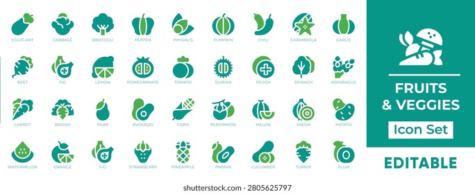 Fruits and Vegetables Solid Icon Set. Editable Vector Collection of Healthy Food, Vegetarian Diet, Fresh Grocery and Agriculture Symbols.