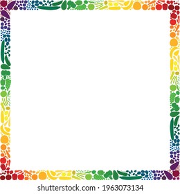 Fruits and vegetables, square format frame, rainbow gradient colored collection. Isolated vector illustration on white background.
