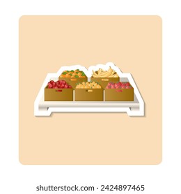 Fruits and vegetables sticker illustration. Box, orange, banana, tomato, onion, pepper. Editable vector graphic design.