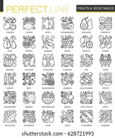 Fruits and Vegetables stroke outline concept symbols. Perfect thin line icons. Modern linear style illustrations set.