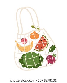 Fruits and vegetables in a summer mesh bag. Cabbage, banana, watermelon, tangerine, spinach, beets, blueberries.