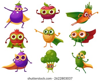 Fruits vegetables superheroes. Carrot melon broccoli plum cucumber in action poses. Fresh vitamin characters in red hero capes and masks, nowaday vector set