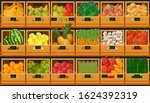 Fruits and vegetables in supermarket grocery store shelves, farm market boxes, shop product display. Vector banana, broccoli and onion, potatoes and pepper, cucumbers, pomegranates and watermelon