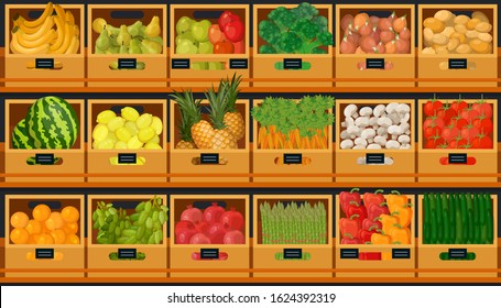 Fruits and vegetables in supermarket grocery store shelves, farm market boxes, shop product display. Vector banana, broccoli and onion, potatoes and pepper, cucumbers, pomegranates and watermelon