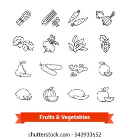 Fruits & Vegetables thin line art icons set. Farm market, fresh foodstuffs. Linear style symbols isolated on white.