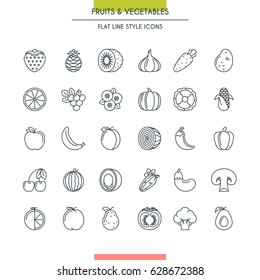 Fruits and vegetables thin line icons set. Vector Illustration