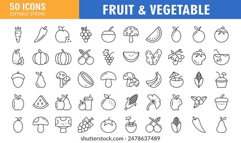 Fruits and vegetables - thin line web icon set. Outline icons collection. Simple vector illustration.