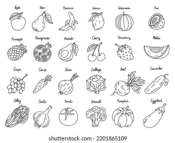Fruits and vegetables with titles. Set of outline icons. Editable stroke.