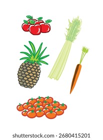 Frutas e legumes. Tomates, aipo, abacaxi, cenoura e maçãs. Vetor, ícone ilustração de vetor estilo cartoon isolado no fundo branco.
