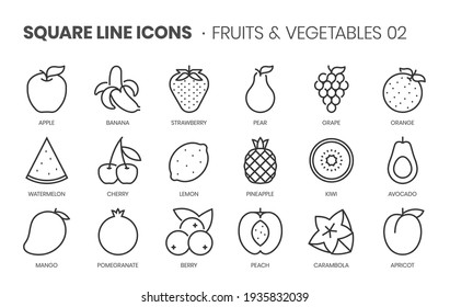 Fruits and vegetables two related, pixel perfect, editable stroke, up scalable square line vector icon set. 