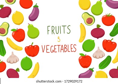 Fruits and vegetables vector cartoon background.