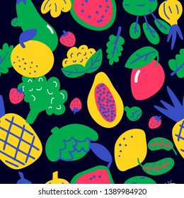 Fruits and vegetables. Vector cartoon seamless pattern