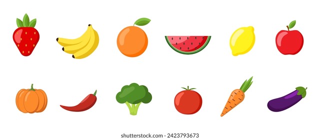 Obst und Gemüse, Vektorgrafik-Sammlung. Einzeln auf Weiß. Frisches Agrarerzeugnis.