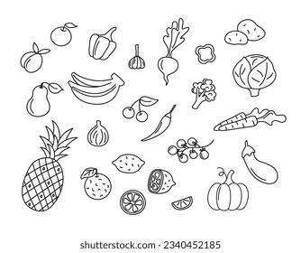 Fruits and vegetables vector doodles set. Raw food elements isolated black on white background. Hand drawn outline illustration of pineapple, bananas, pumpkin and carrots. Hand drawn doodle drawings.