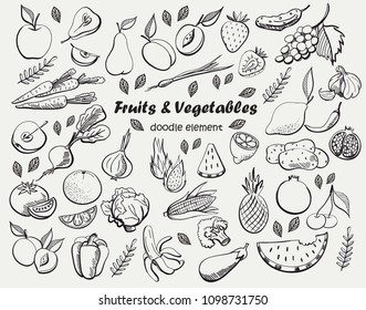 Fruits and vegetables.  Vector freehand illustration isolated on white background.