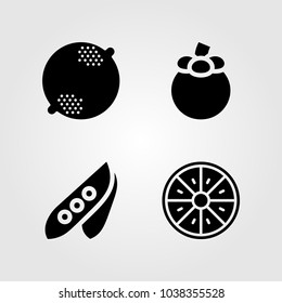 Fruits Vegetables vector icon set. orange, mangosteen, pea and lemon
