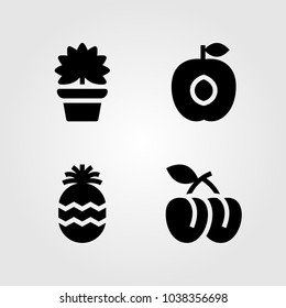 Fruits Vegetables vector icon set. plum, apricot, palm and pineapple