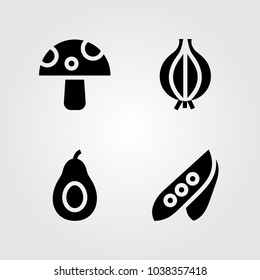 Fruits Vegetables vector icon set. pea, onion, mushroom and avocado
