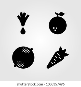 Fruits Vegetables vector icon set. carrot, lemon, leek and orange