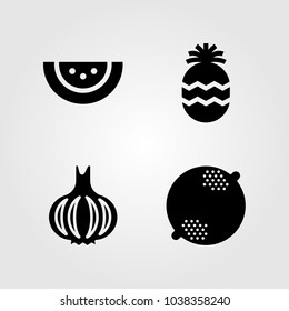 Fruits Vegetables vector icon set. garlic, pineapple, watermelon and lemon