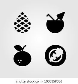 Fruits Vegetables vector icon set. tangerine, coconut, carrot and palm
