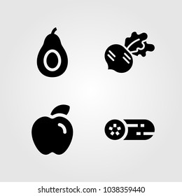 Fruits Vegetables vector icon set. radish, cucumber, apple and avocado