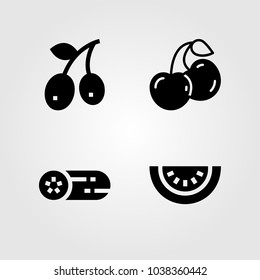 Fruits Vegetables vector icon set. olive, cucumber, cherries and watermelon