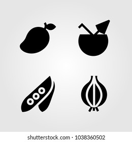 Fruits Vegetables vector icon set. pea, onion, coconut and mango