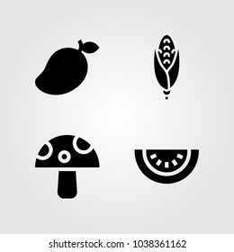 Fruits Vegetables vector icon set. mushroom, corn, mango and watermelon