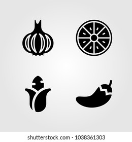 Fruits Vegetables vector icon set. garlic, corn, orange and chilli