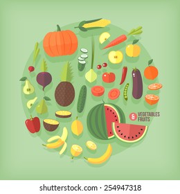 Fruits and vegetables vector icons collection. Flat modern style.