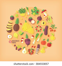 Fruits and vegetables vector icons collection. Flat modern style.