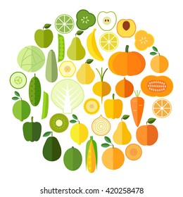 Fruits and vegetables vector icons collection. Flat modern style.