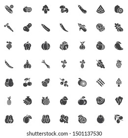 Fruits and vegetables vector icons set, modern solid symbol collection filled style pictogram pack. Signs logo illustration. Set includes icons as Cucumber, Tomato Potatoes vegetable, Paprika, Pumpkin