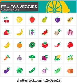 Fruits and vegetables vector icons set, modern solid symbol collection, filled colorful pictogram pack isolated on white, logo illustration