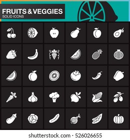 Fruits and vegetables vector icons set, modern solid symbol collection, filled pictogram pack isolated on black, logo illustration