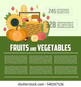Fruits and vegetables vector illustration. Harvest letterhead template. Harvest concept in flat style. Business fruit and vegetables card. Wooden box with fruit and vegetables infographics