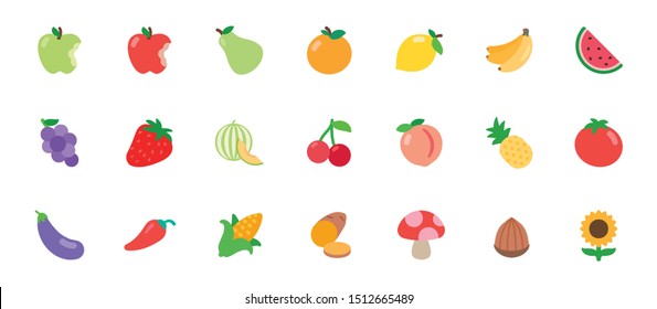 Fruits and Vegetables Vector Illustration Icons Set. Vegetarian Foods. Fresh Organic Food Flat Icons, Emojis, Symbols, Stickers Collection