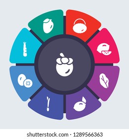 fruits and vegetables vector template for infographics. Business concept with 9 options, steps, parts, segments. Banner infographic cycling diagram, round chart, Mangosteen, Mango, Lychee icons