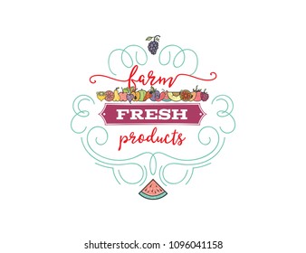 Fruits and vegetables, vegetarian banner Farmer Fresh , isolated color vector icons.