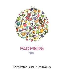 Fruits and vegetables, vegetarian banner farmers market, isolated color vector icons.