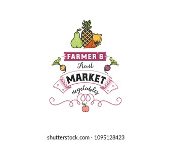 Fruits and vegetables, vegetarian banner Farmer's Market , isolated color vector icons.