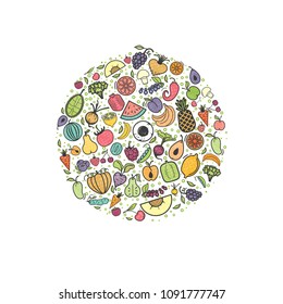 Fruits and vegetables, vegetarian banner, summer isolated color vector icons.