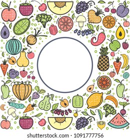 Fruits and vegetables, vegetarian banner, summer isolated color vector icons.