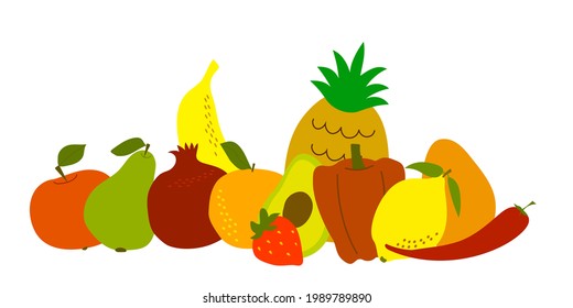 Fruits and Vegetables. Vegetarian set - apple, pear, pomegranate, orange, pineapple, avocado, banana, strawberry, lemon, papaya, pepper, chili . Simple sketch style isolated objects vector collection