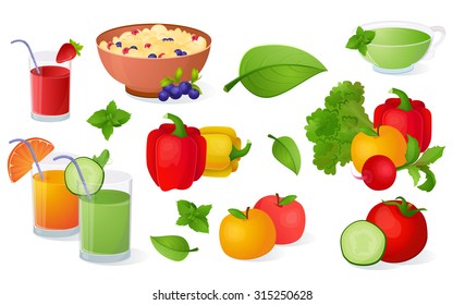 fruits, vegetables, vegetarian, a set without a background, illustration, realistic