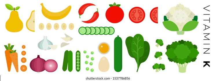 Fruits and Vegetables with vitamin K vector flat icons set with pear, bananas, peas, carrot, tomatoes, broccoli, spinach, eggs. Isolated on white background.