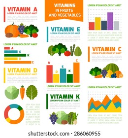 Fruits and vegetables vitamins infographics. Colorful template for cooking, restaurant menu and vegetarian food