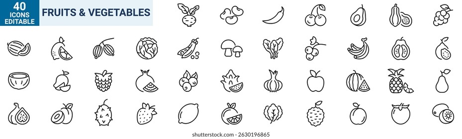 Ícones de linha da Web de frutas e legumes. Produtos hortícolas e bagas. Traçado editável. Ilustração vetorial